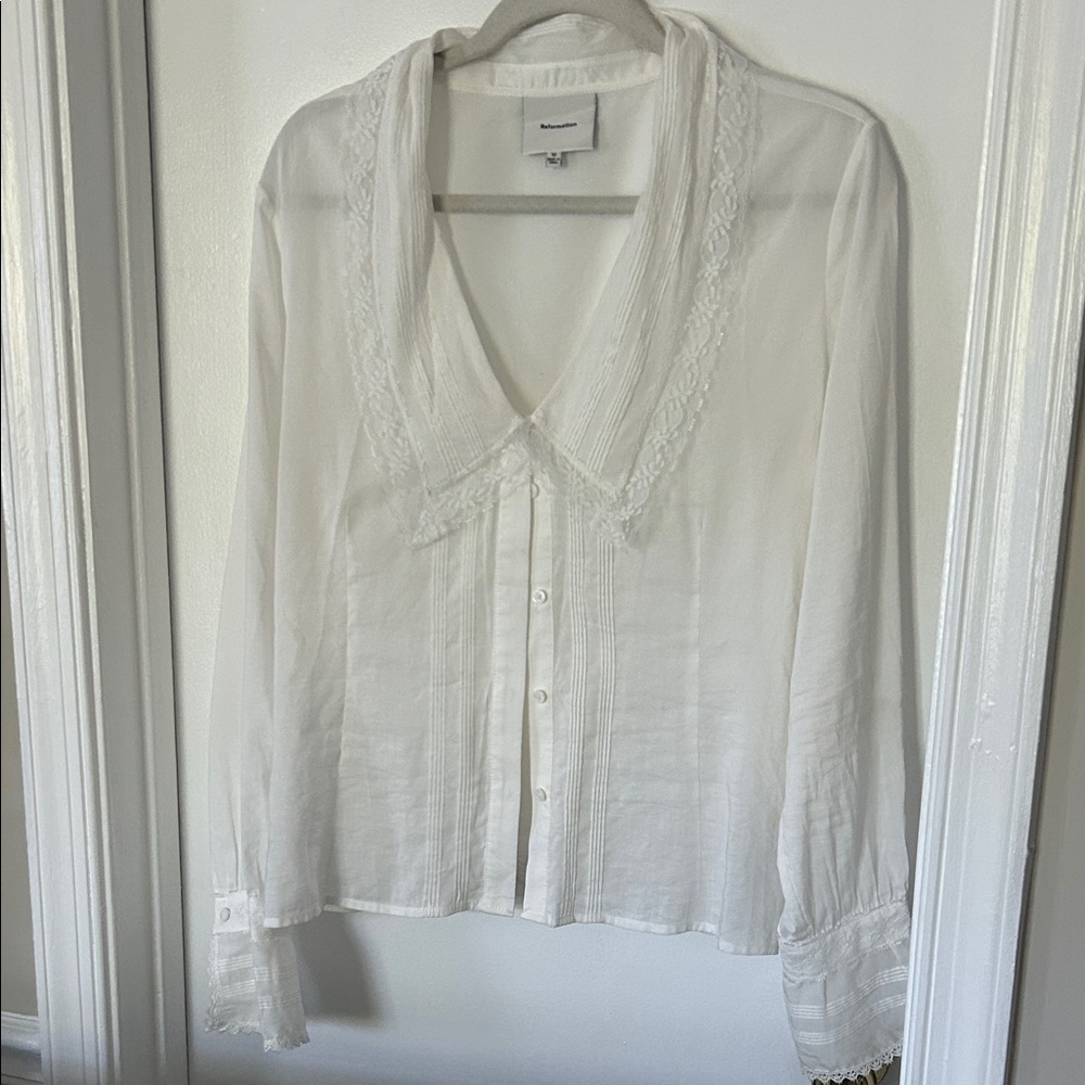 Reformation White Lace-Trimmed Blouse